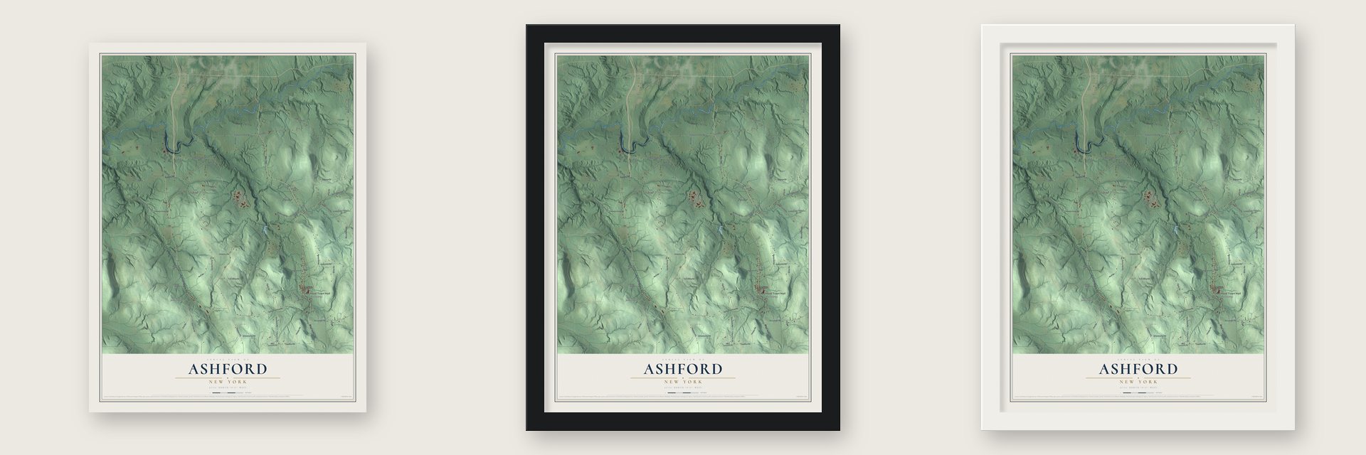Ashford, New York map unframed, in a black wood frame and in a white wood frame