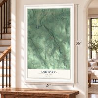 Ashford, New York map, 24 x 36 inch print in a white frame by a staircase