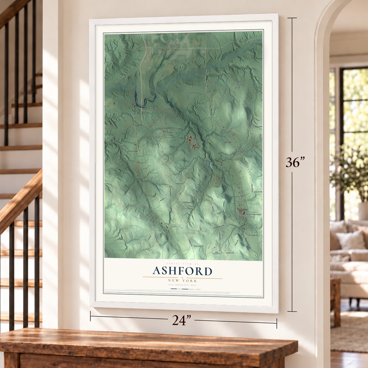 Ashford, New York map, 24 x 36 inch print in a white frame by a staircase