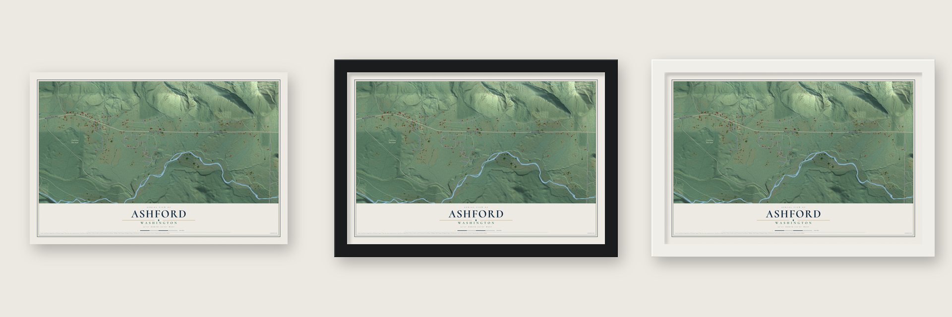 Ashford, Washington map unframed, in a black wood frame and in a white wood frame