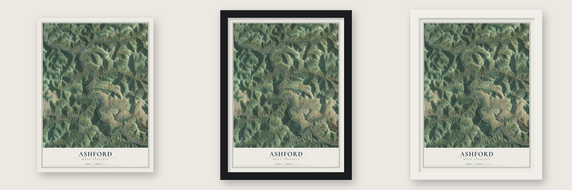 Ashford, West Virginia map unframed, in a black wood frame and in a white wood frame