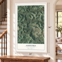 Ashford, West Virginia map, 24 x 36 inch print in a white frame by a staircase