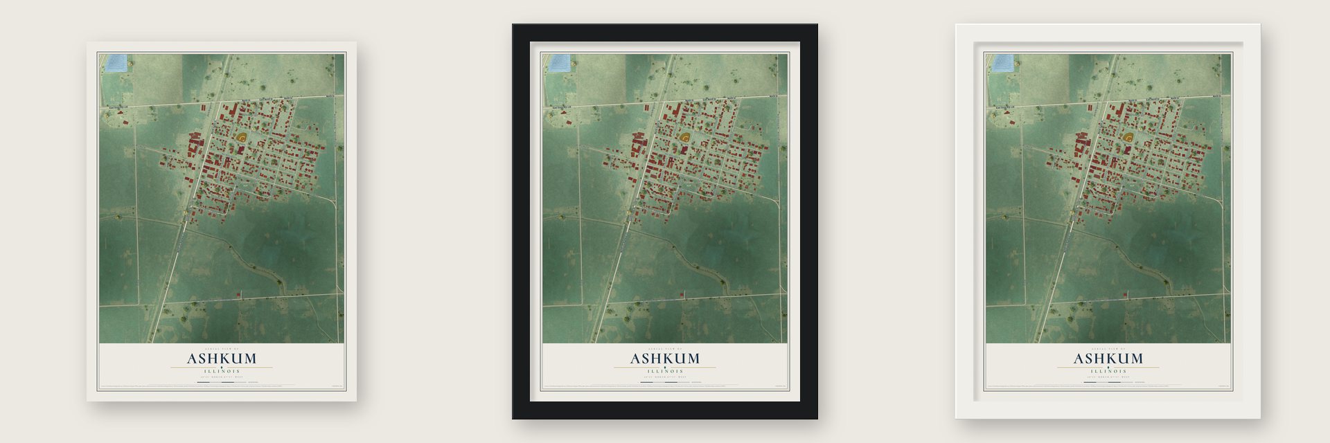 Ashkum, Illinois map unframed, in a black wood frame and in a white wood frame