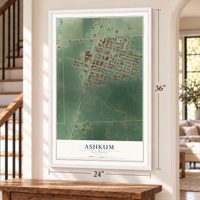 Ashkum, Illinois map, 24 x 36 inch print in a white frame by a staircase