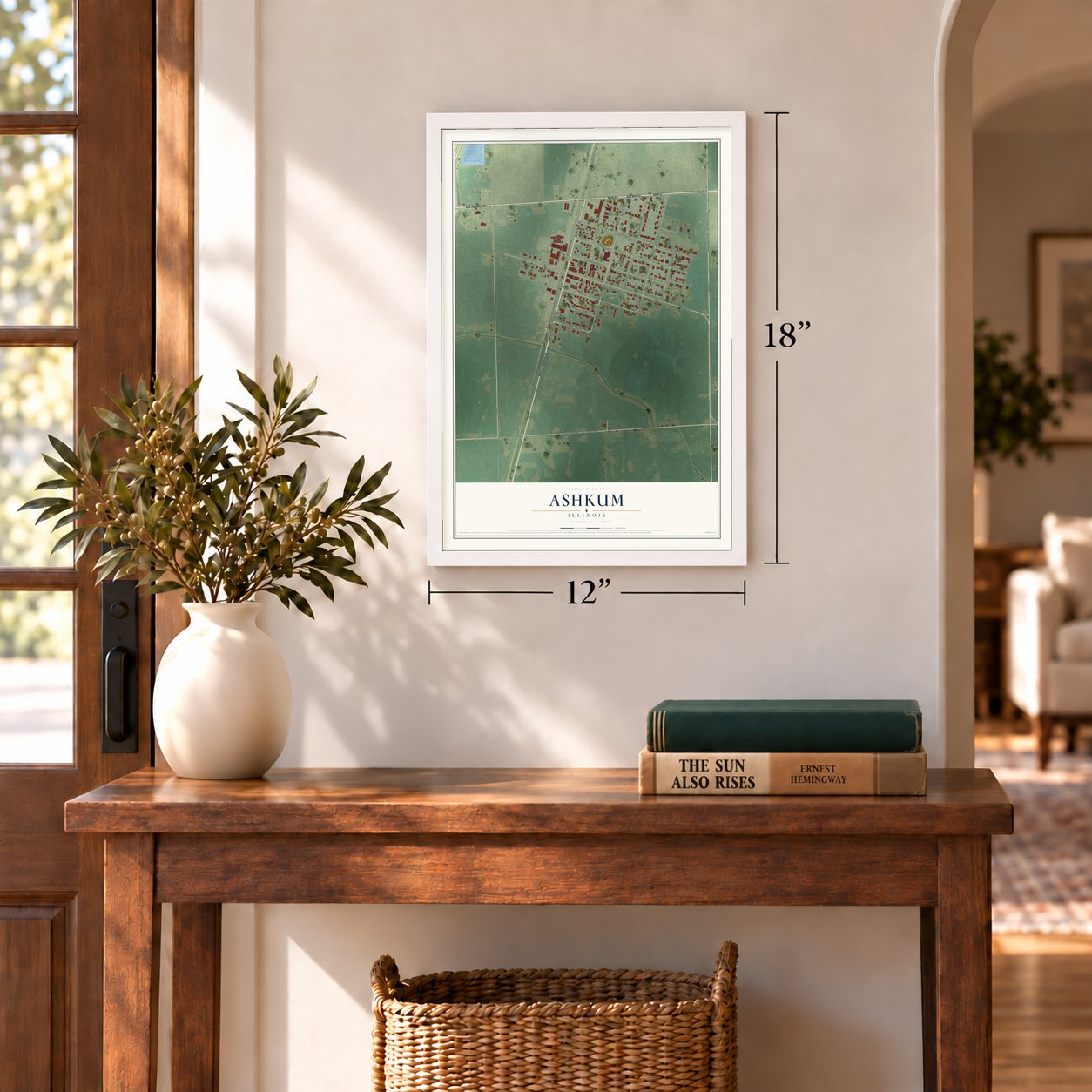 Ashkum, Illinois map, 12 x 18 inch print in a white frame in an entryway
