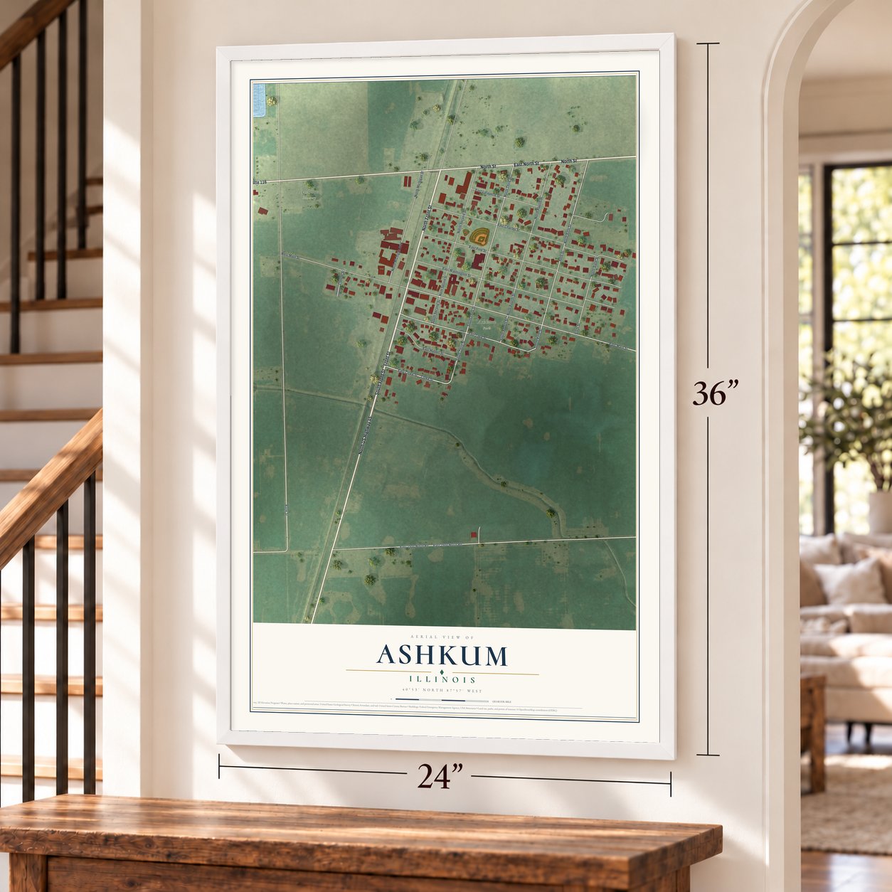 Ashkum, Illinois map, 24 x 36 inch print in a white frame by a staircase