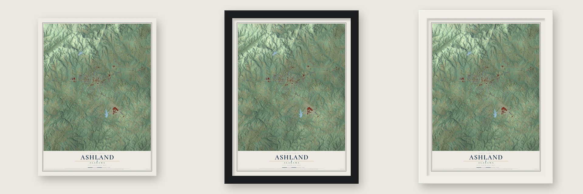 Ashland, Alabama map unframed, in a black wood frame and in a white wood frame