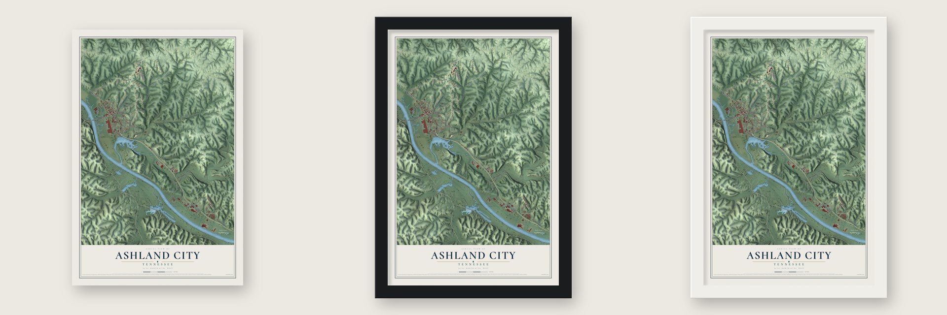Ashland City, Tennessee map unframed, in a black wood frame and in a white wood frame