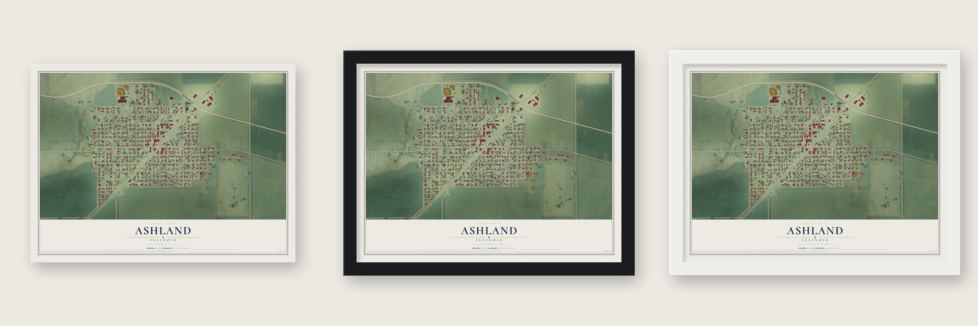 Ashland, Illinois map unframed, in a black wood frame and in a white wood frame