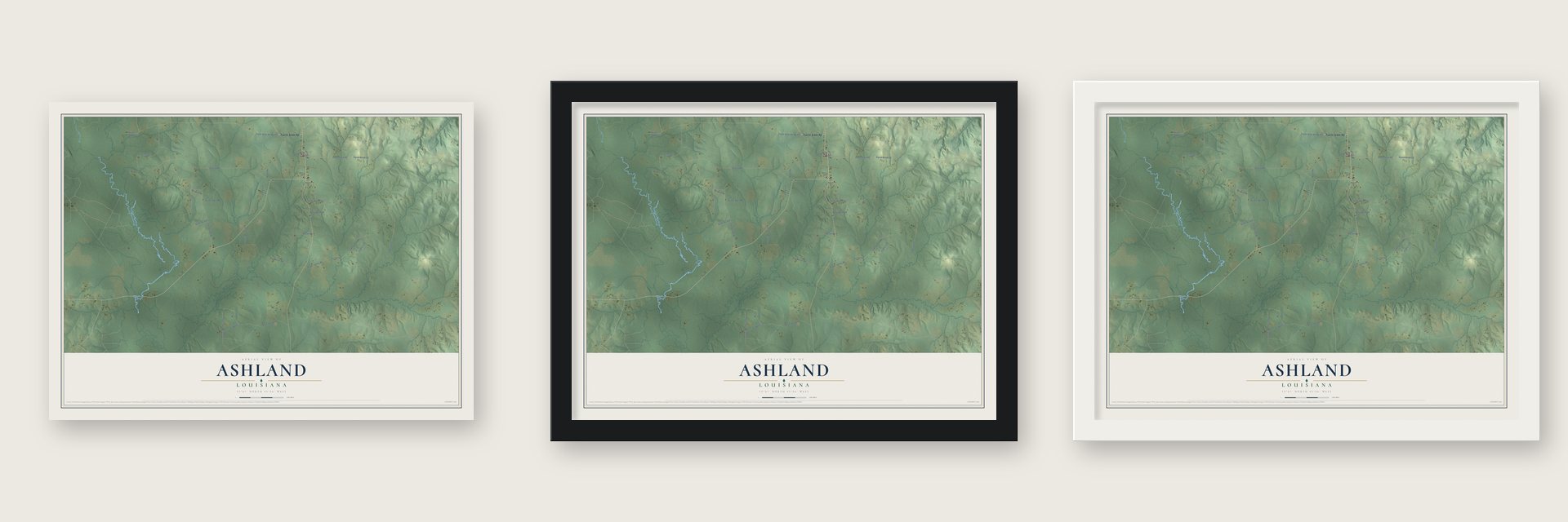 Ashland, Louisiana map unframed, in a black wood frame and in a white wood frame