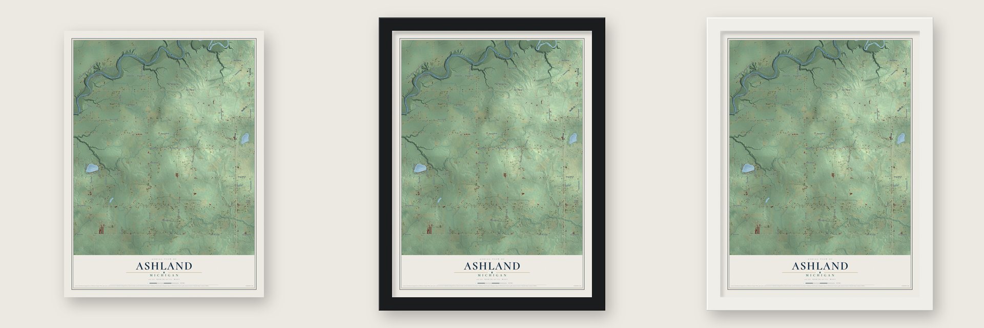 Ashland, Michigan map unframed, in a black wood frame and in a white wood frame