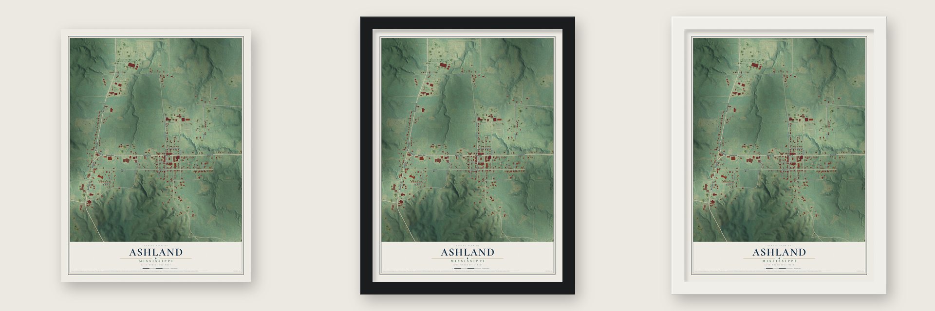 Ashland, Mississippi map unframed, in a black wood frame and in a white wood frame