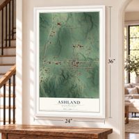 Ashland, Mississippi map, 24 x 36 inch print in a white frame by a staircase