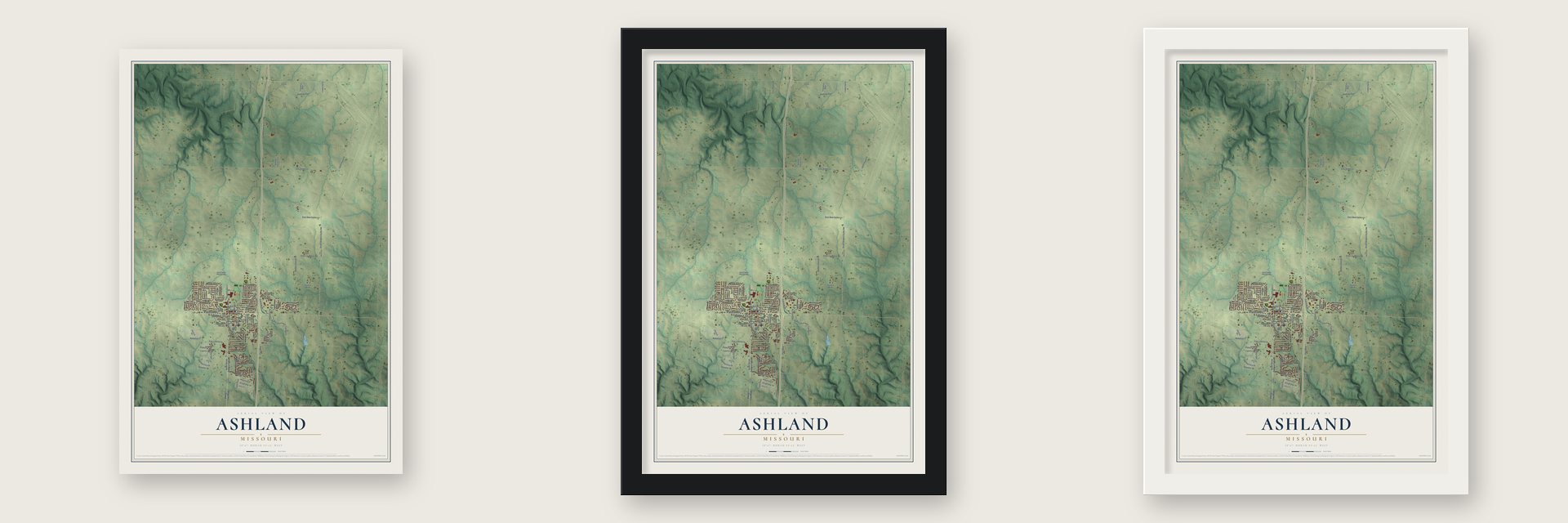 Ashland, Missouri map unframed, in a black wood frame and in a white wood frame