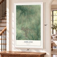 Ashland, Missouri map, 24 x 36 inch print in a white frame by a staircase