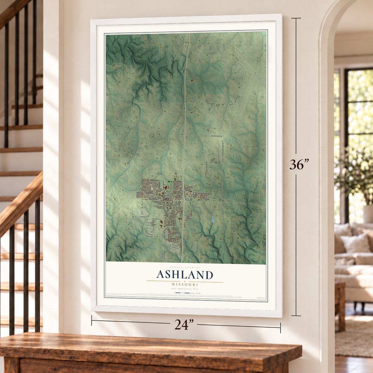 Ashland, Missouri map, 24 x 36 inch print in a white frame by a staircase