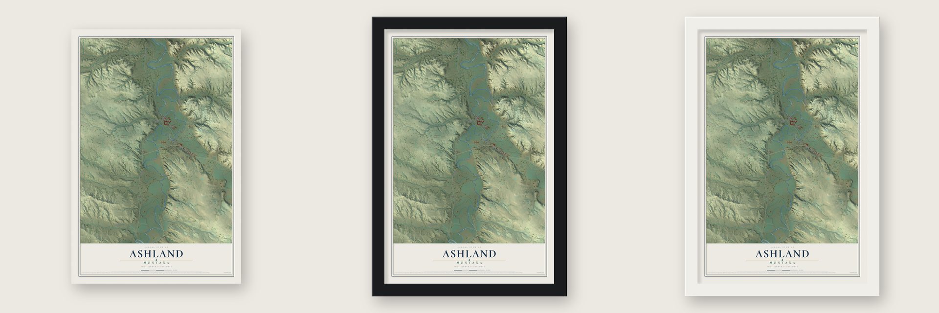 Ashland, Montana map unframed, in a black wood frame and in a white wood frame