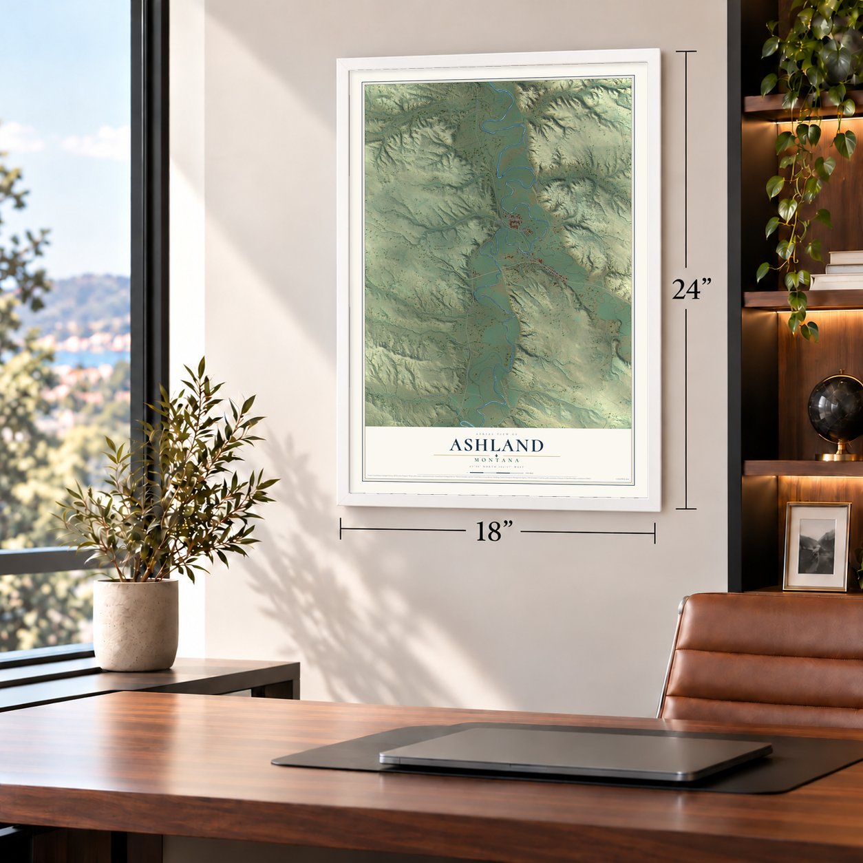 Ashland, Montana map, 18 x 24 inch print in a white frame in a home office