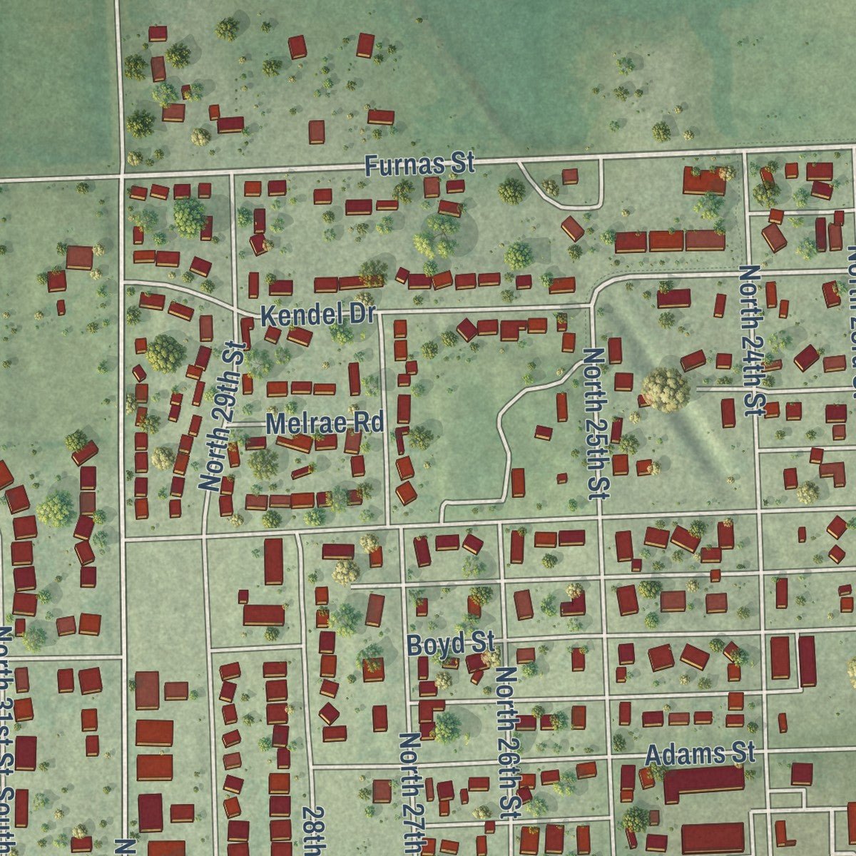Second close-up of the map of Ashland, Nebraska print showing more streets and buildings