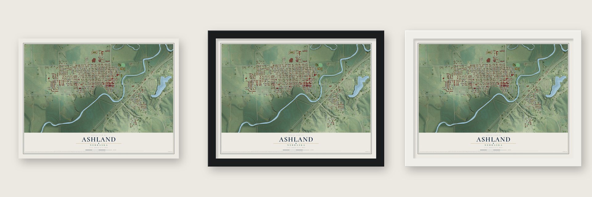 Ashland, Nebraska map unframed, in a black wood frame and in a white wood frame