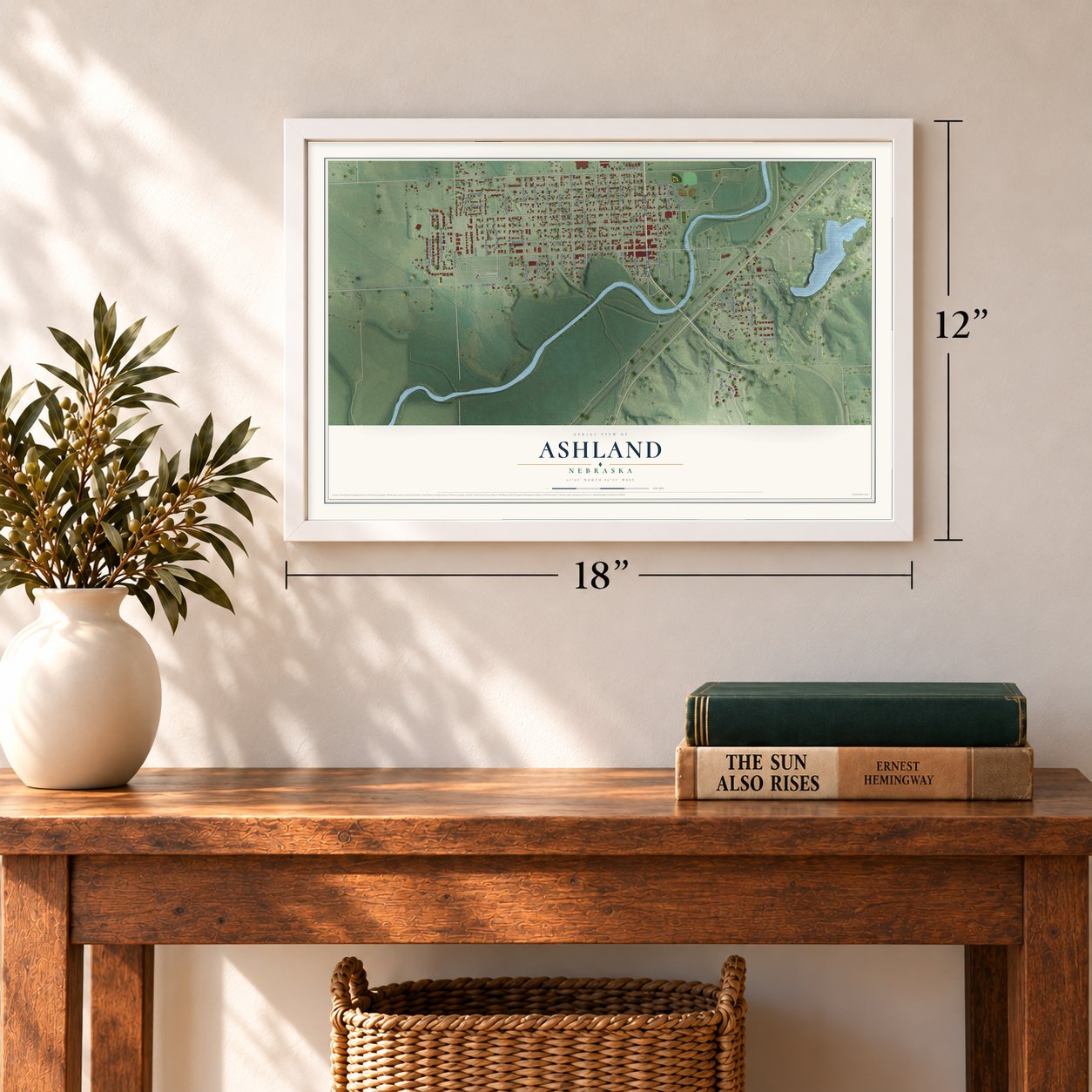 Ashland, Nebraska map, 12 x 18 inch print in a white frame in an entryway