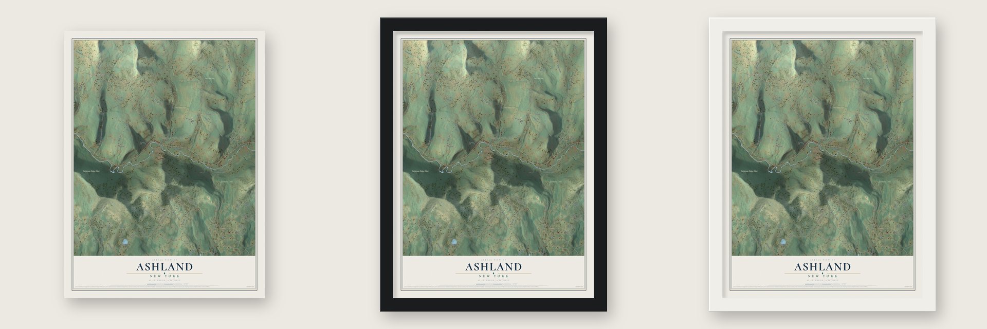 Ashland, New York map unframed, in a black wood frame and in a white wood frame