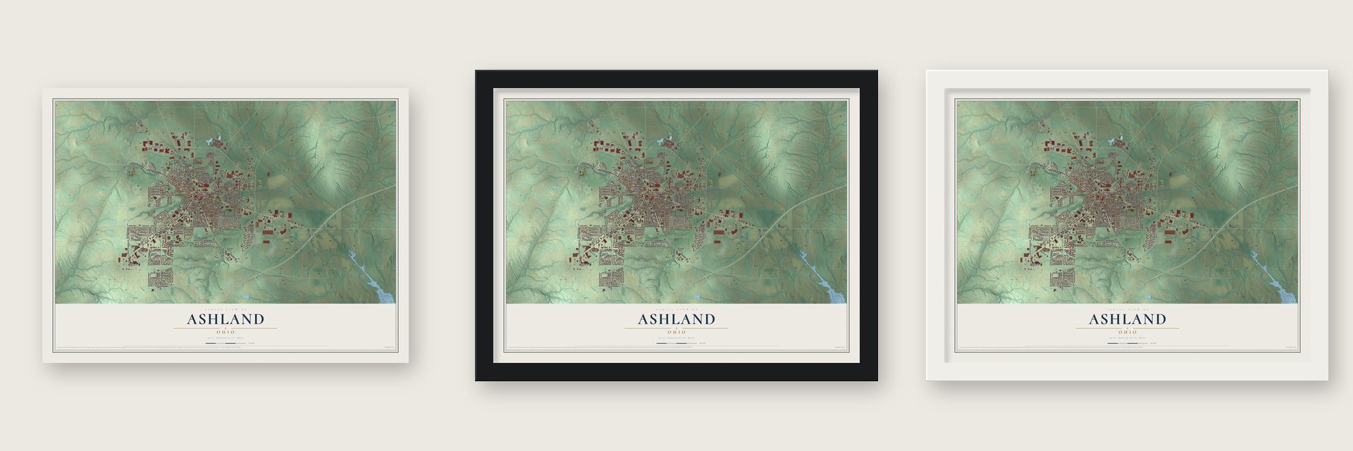 Ashland, Ohio map unframed, in a black wood frame and in a white wood frame