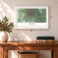 Ashland, Ohio map, 12 x 18 inch print in a white frame in an entryway