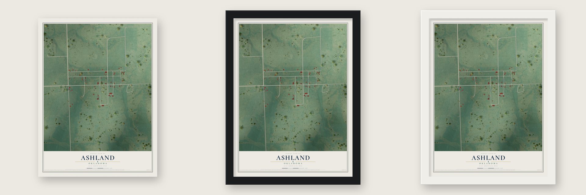 Ashland, Oklahoma map unframed, in a black wood frame and in a white wood frame