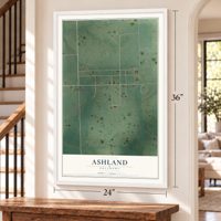 Ashland, Oklahoma map, 24 x 36 inch print in a white frame by a staircase