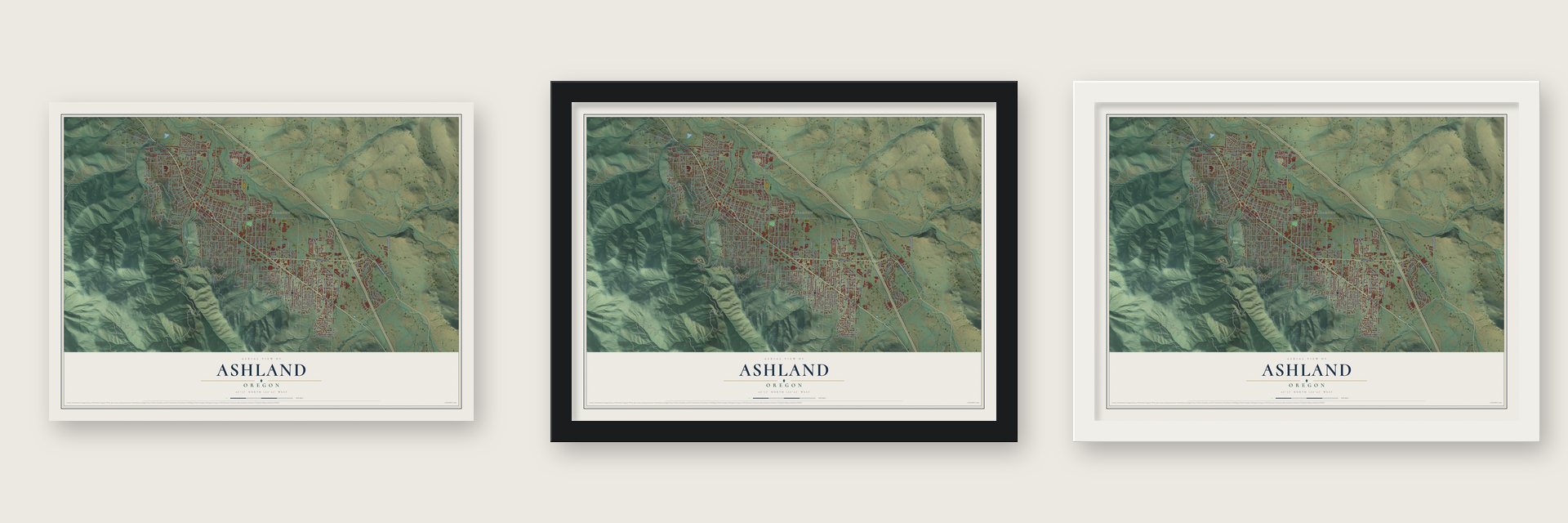 Ashland, Oregon map unframed, in a black wood frame and in a white wood frame