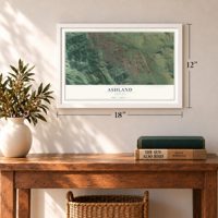 Ashland, Oregon map, 12 x 18 inch print in a white frame in an entryway