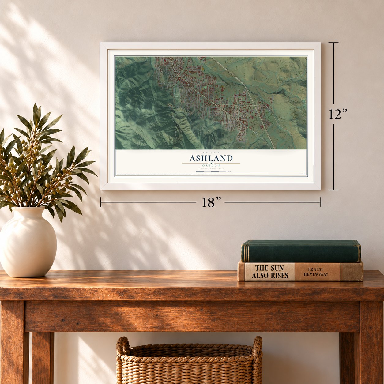 Ashland, Oregon map, 12 x 18 inch print in a white frame in an entryway