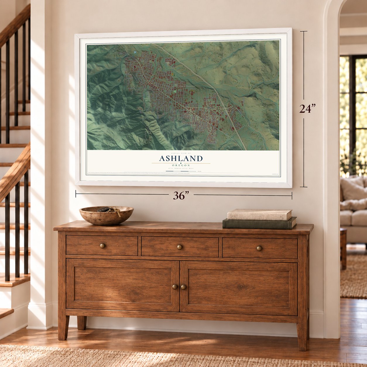 Ashland, Oregon map, 24 x 36 inch print in a white frame above a dresser by a staircase