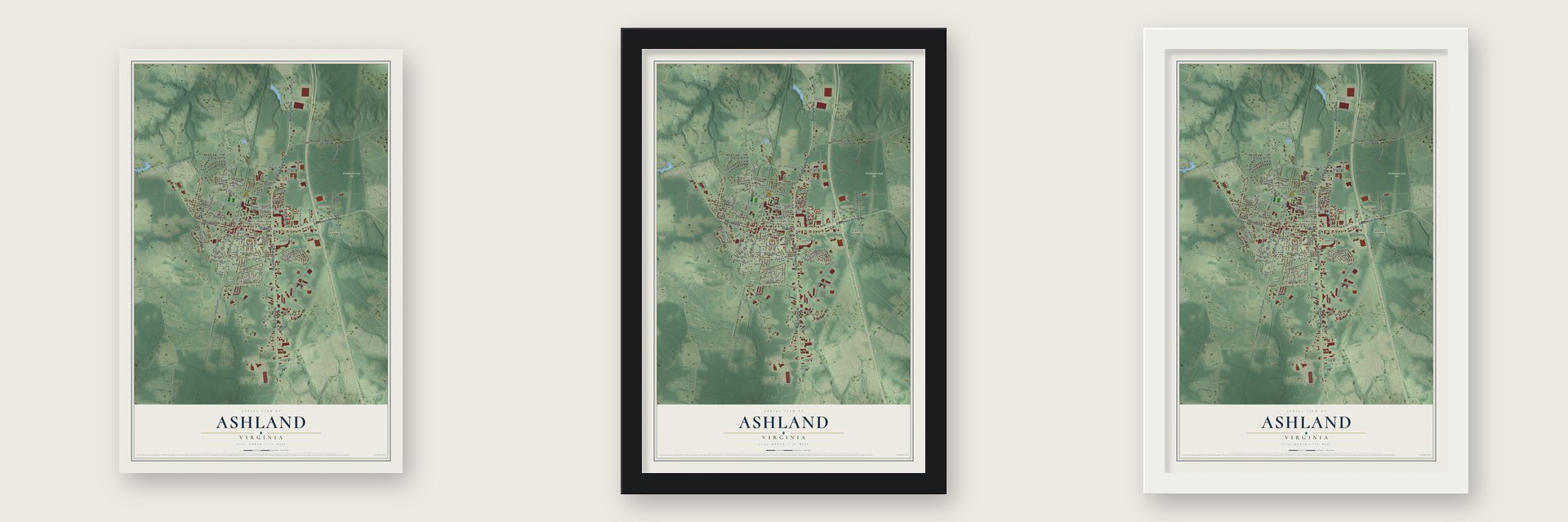 Ashland, Virginia map unframed, in a black wood frame and in a white wood frame