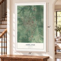 Ashland, Virginia map, 24 x 36 inch print in a white frame by a staircase