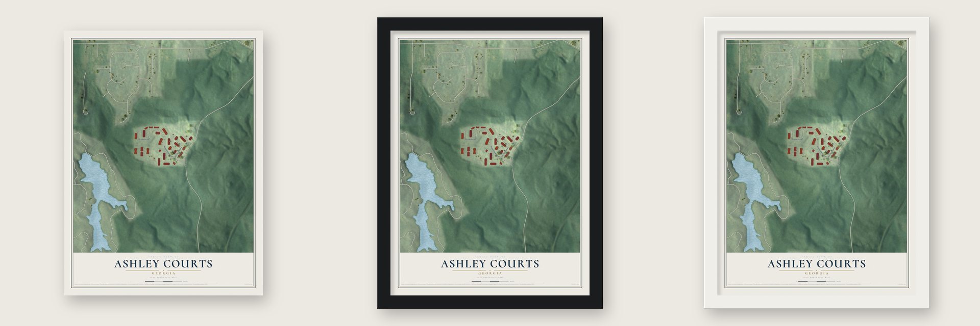 Ashley Courts, Georgia map unframed, in a black wood frame and in a white wood frame