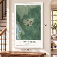 Ashley Courts, Georgia map, 24 x 36 inch print in a white frame by a staircase