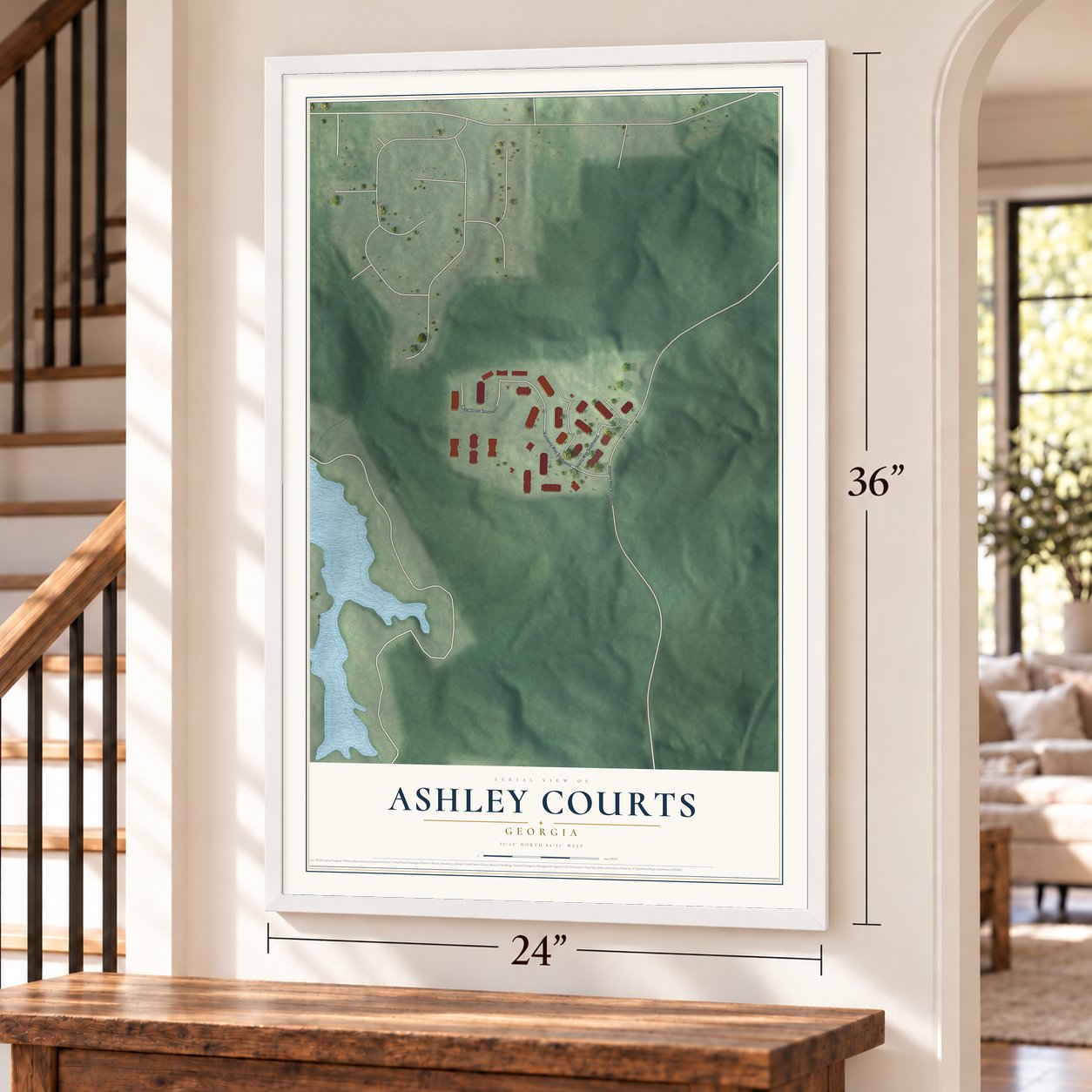 Ashley Courts, Georgia map, 24 x 36 inch print in a white frame by a staircase