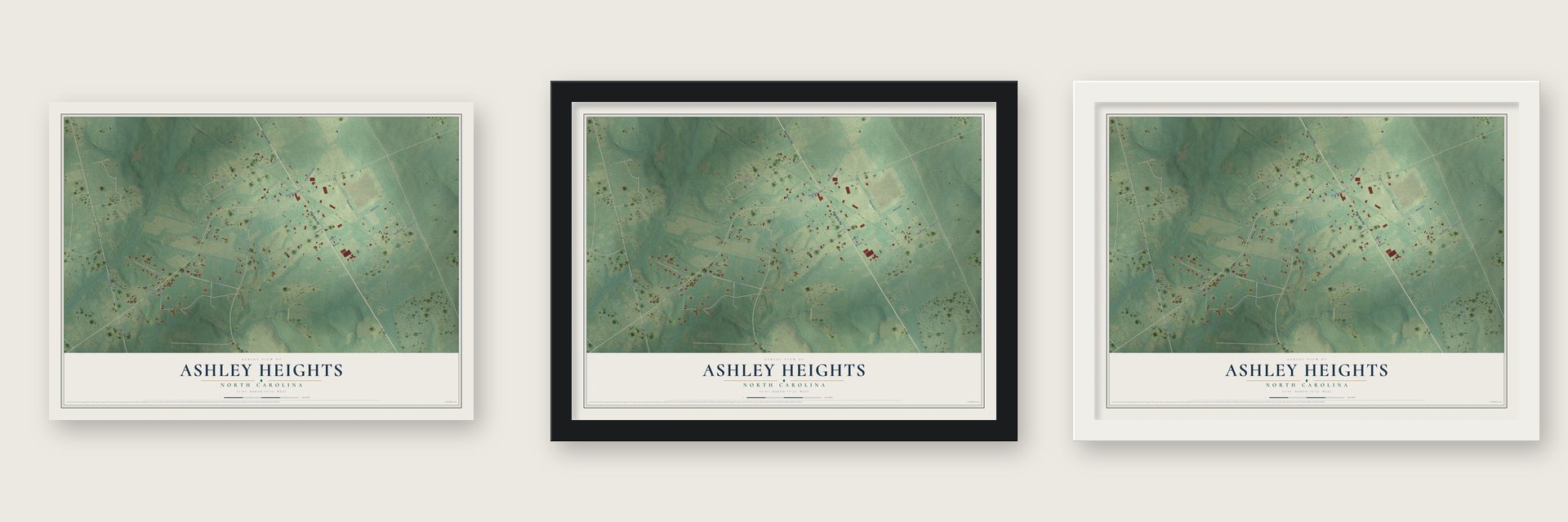 Ashley Heights, North Carolina map unframed, in a black wood frame and in a white wood frame