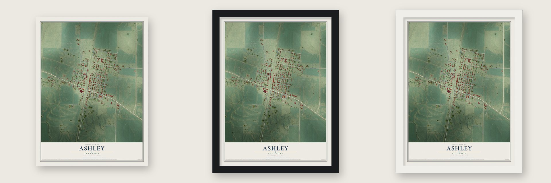Ashley, Illinois map unframed, in a black wood frame and in a white wood frame
