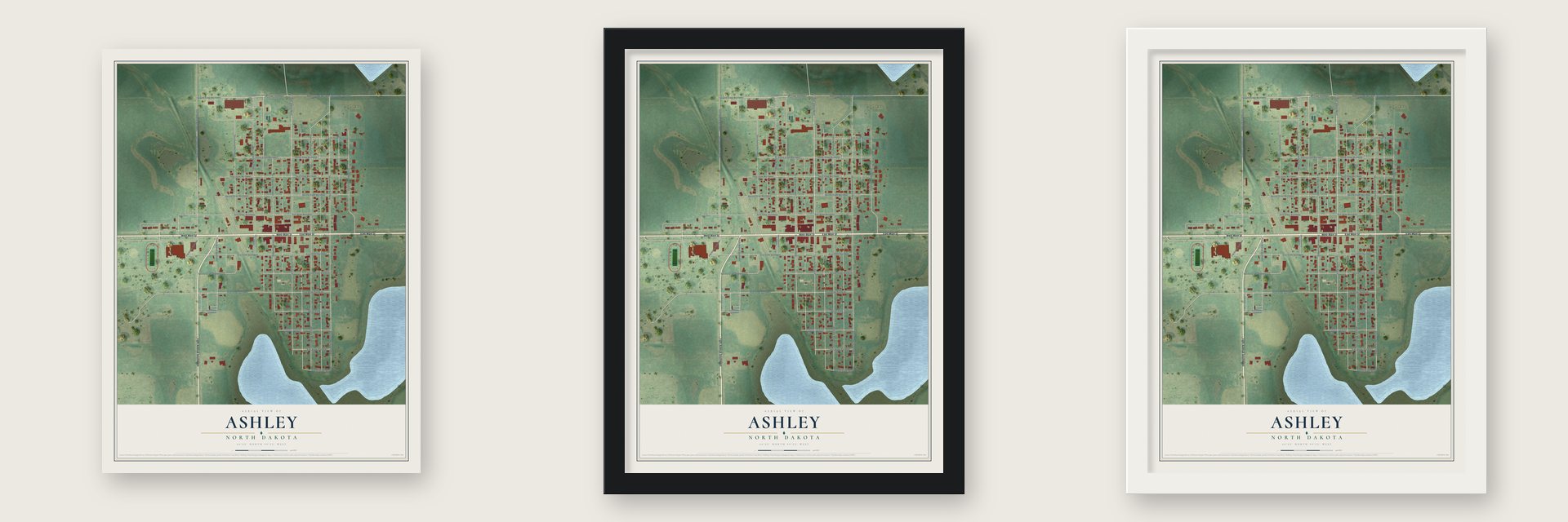 Ashley, North Dakota map unframed, in a black wood frame and in a white wood frame