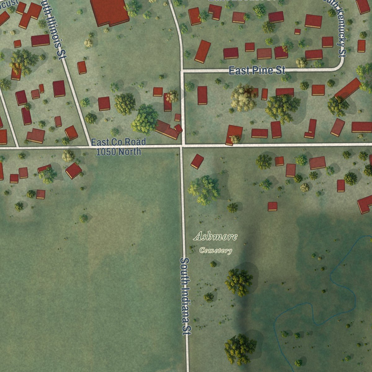 Second close-up of the map of Ashmore, Illinois print showing more streets and buildings