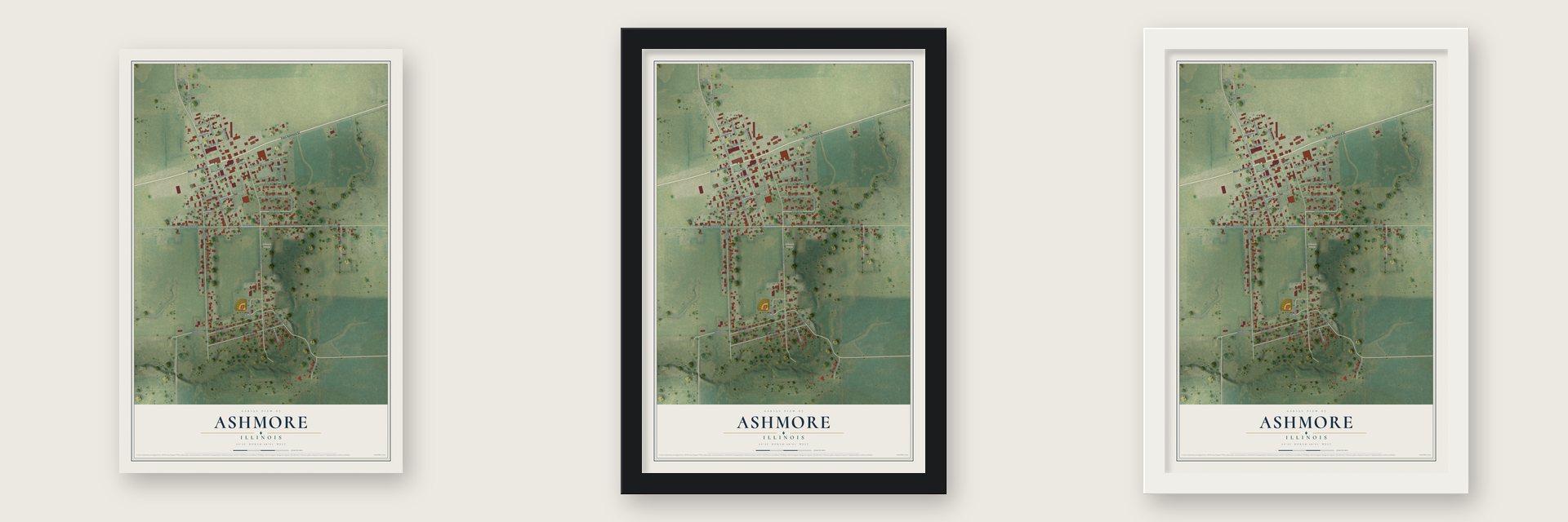 Ashmore, Illinois map unframed, in a black wood frame and in a white wood frame