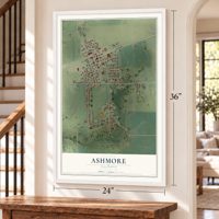 Ashmore, Illinois map, 24 x 36 inch print in a white frame by a staircase