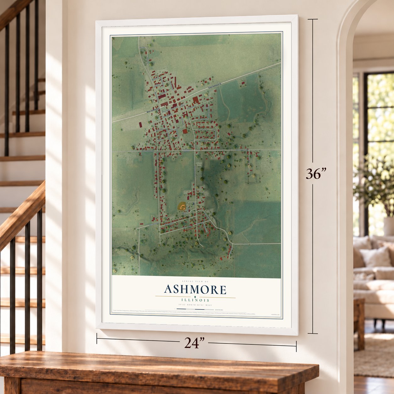 Ashmore, Illinois map, 24 x 36 inch print in a white frame by a staircase