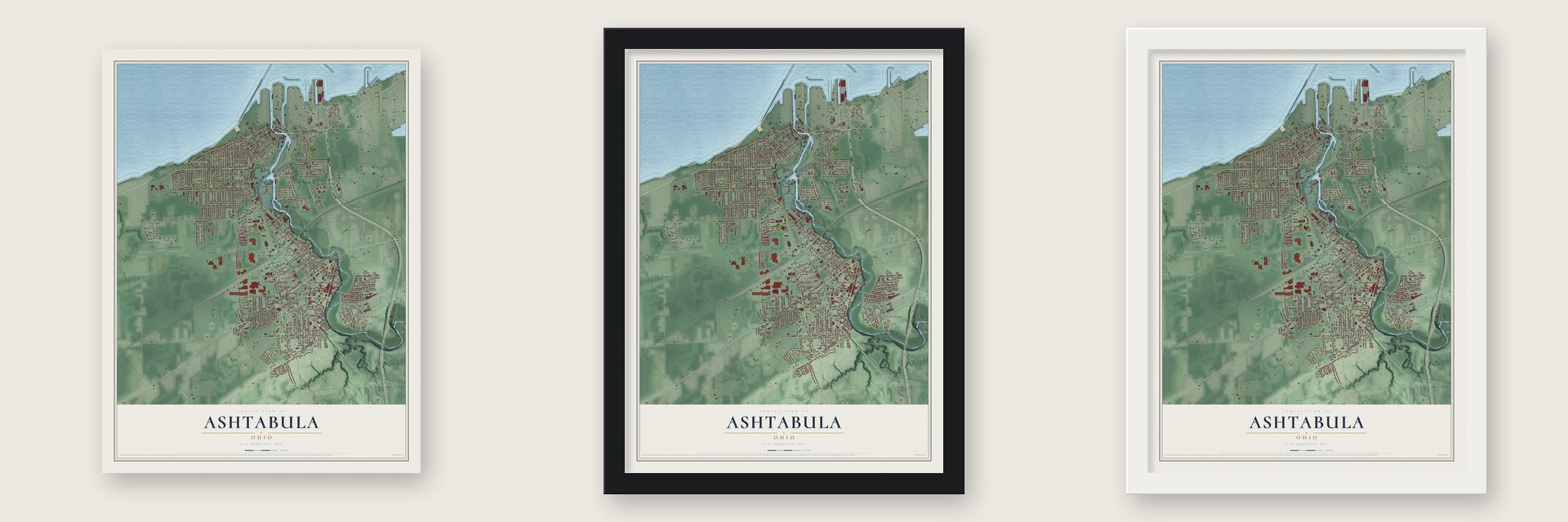 Ashtabula, Ohio map unframed, in a black wood frame and in a white wood frame