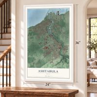 Ashtabula, Ohio map, 24 x 36 inch print in a white frame by a staircase