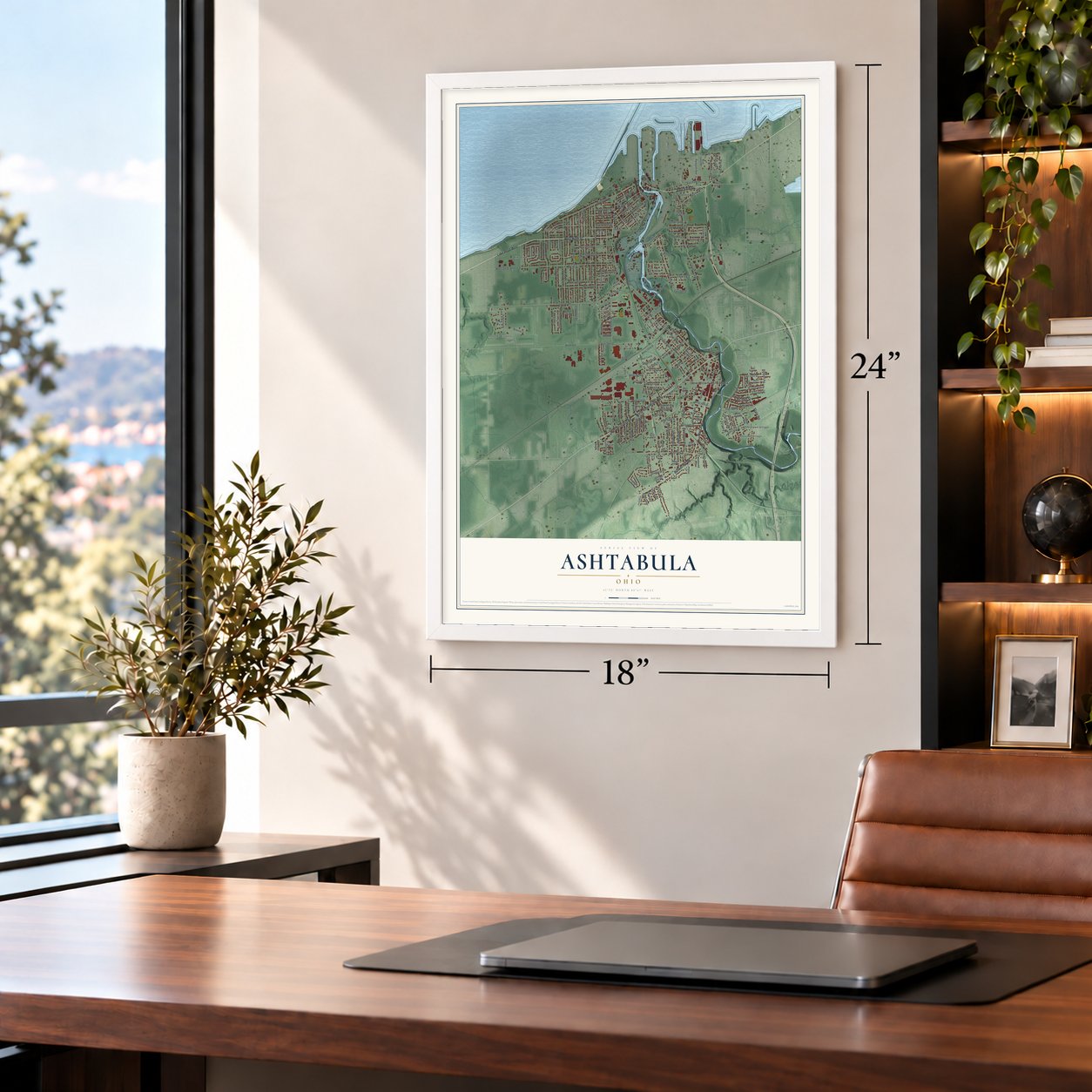 Ashtabula, Ohio map, 18 x 24 inch print in a white frame in a home office