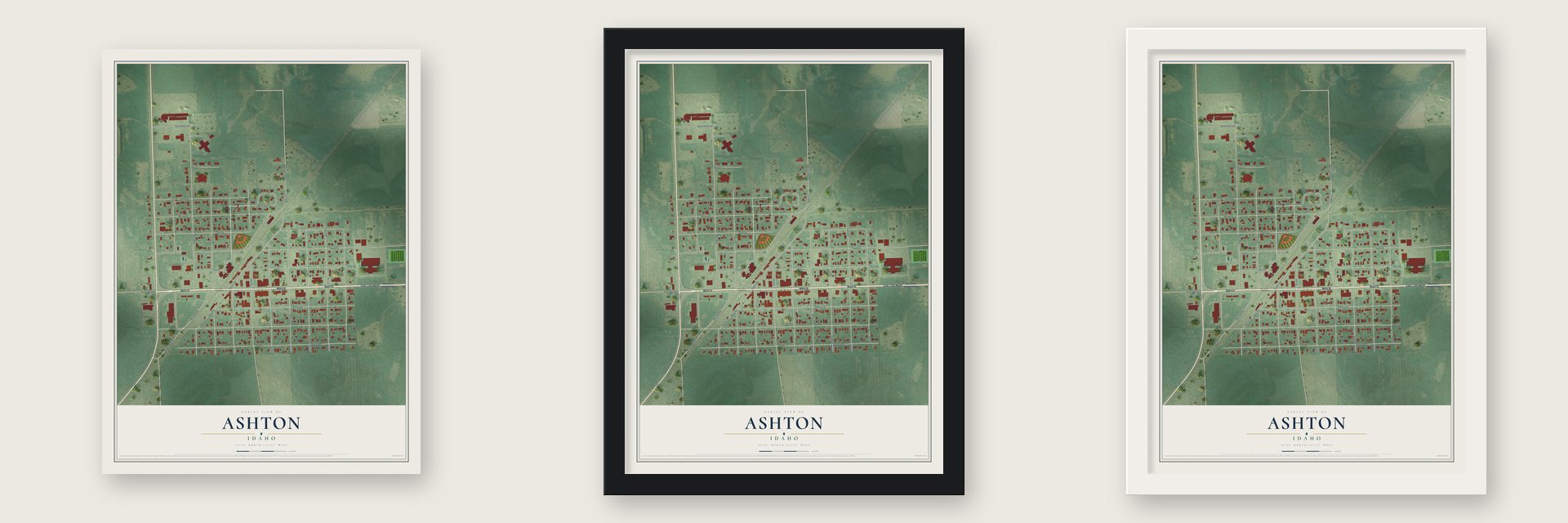 Ashton, Idaho map unframed, in a black wood frame and in a white wood frame